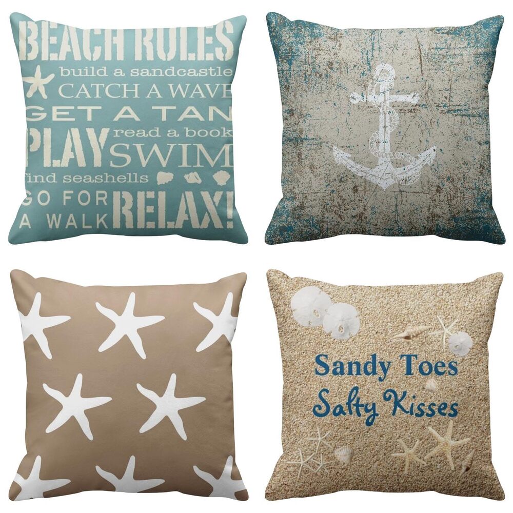 5104 Set of 4 Throw Pillow Covers Beach Starfish Words Rules Holiday Summer